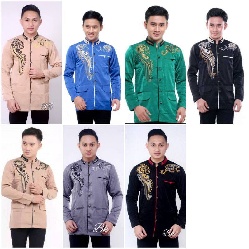 ATASAN BAJU KOKO JASKO JAZKO JAS KOKO BORDIR PREMIUM PRIA COWOK BIRU ELEKTRIK KREM CREAM HIJAU BOTOL