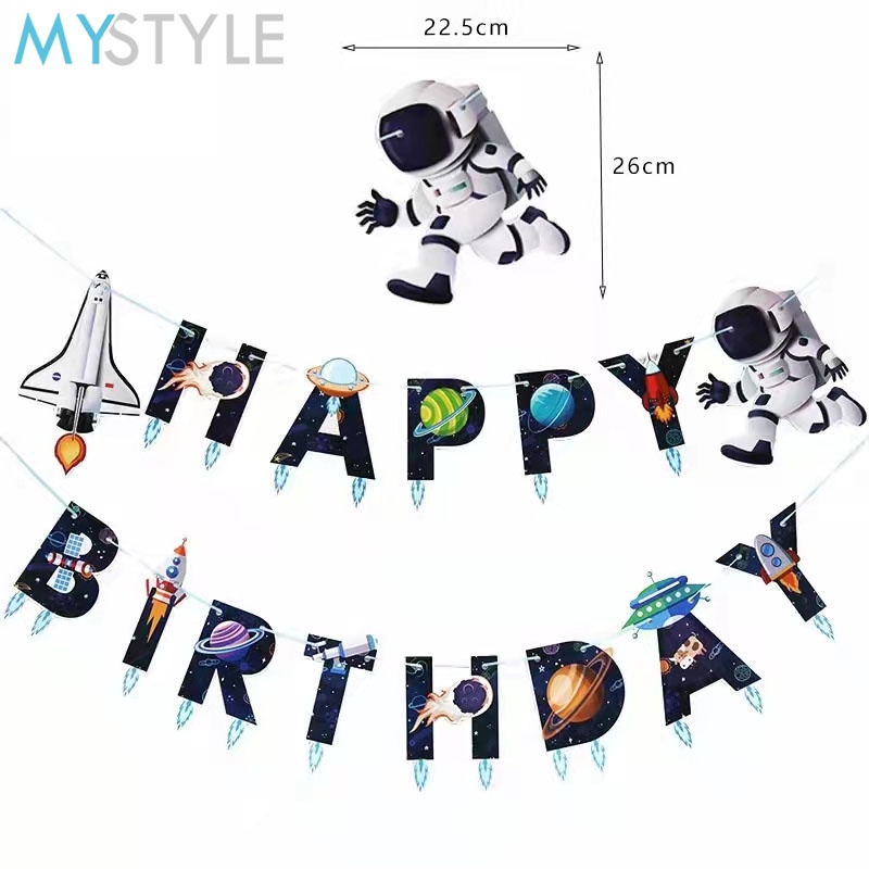 HAPPY TIME BANNER TEMA SPACE ASTRONAUT GALAXY DEKORASI ULANG TAHUN TULISAN HAPPY BIRTHDAY BANNER MURAH HBD