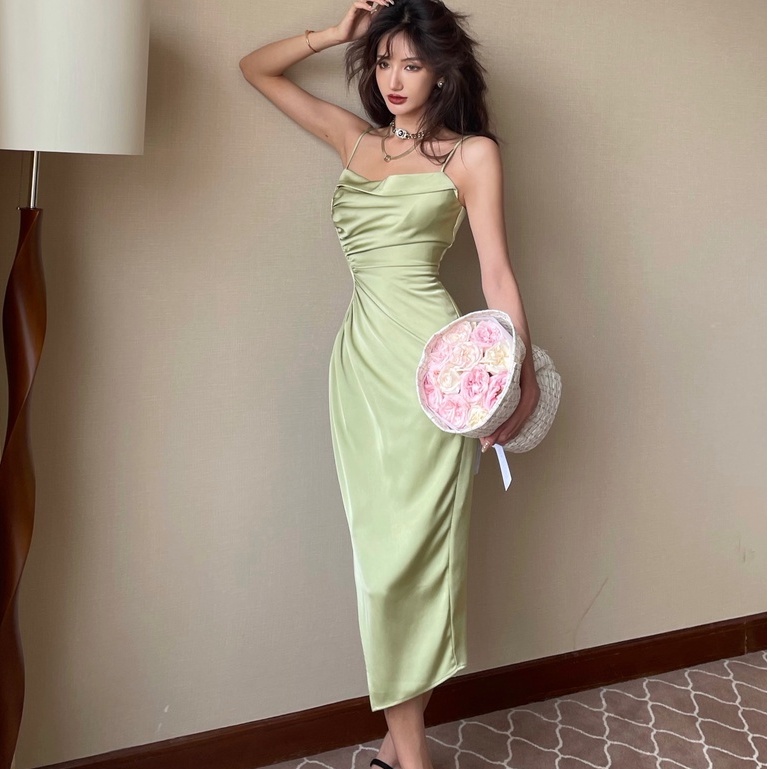 【Moon Blush】Summer Asymmetrical Slip  Bodycon Sleeveless Green Midi Dress 7502