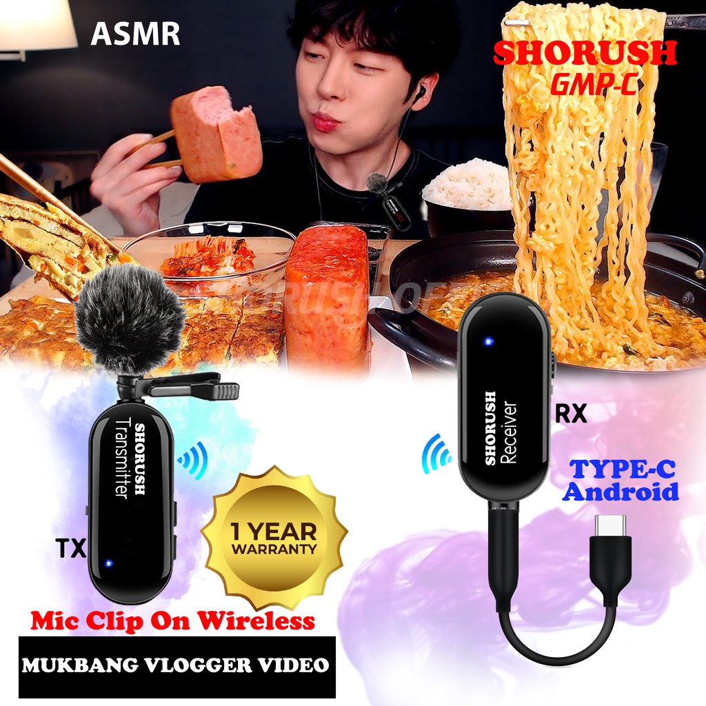 Shorush N7 Microphone Mic Clip On Wireless Type C Android UHF VLOG Untuk Camera Mirorrless Youtuber HP Smartphone ASMR Mukbang Vlogger