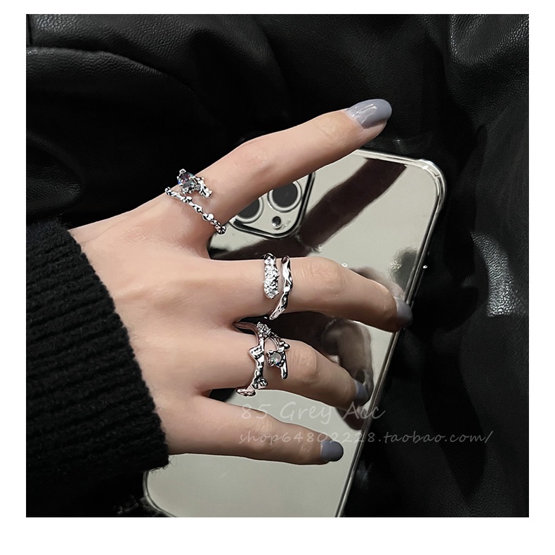 IFYOU 3pcs / set Cincin Silver Hias Batu Irregular Gaya Vintage Untuk Wanita