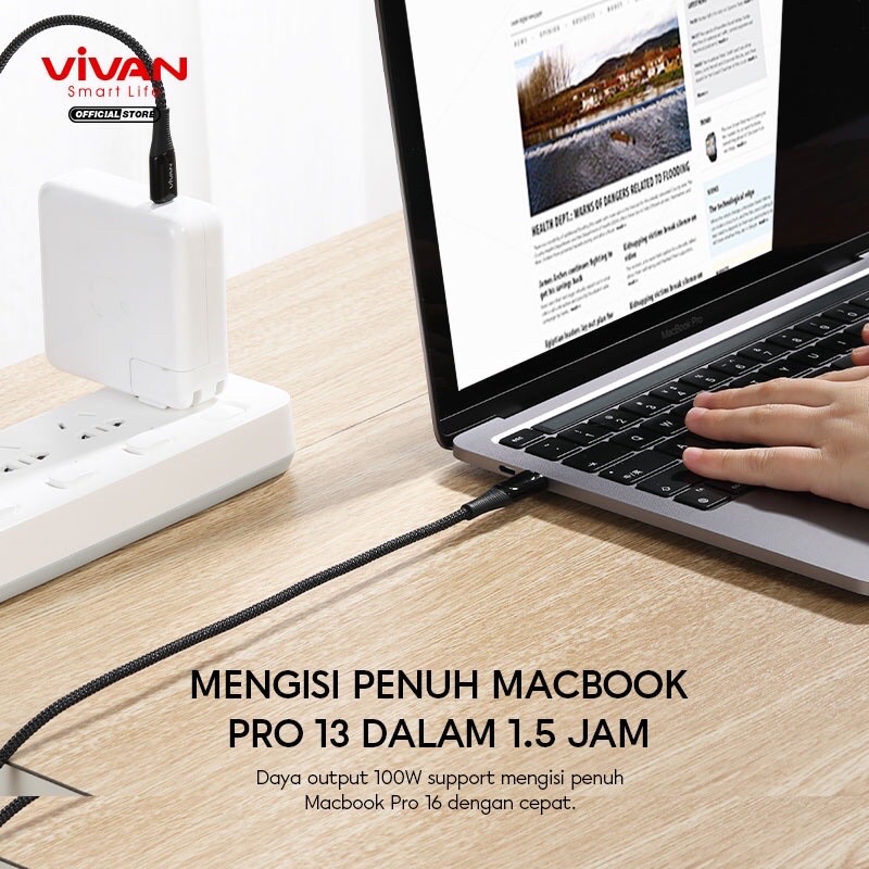 VCC100 / VCL100 Kabel Data VIVAN Type C To Type C 100W 5A / Type C To Lightning 20W 3A 100cm Fast Charging Smart LED Display - Garansi 1 Tahun