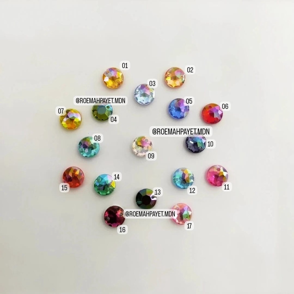 (GRADE A) BATU / PAYET AKRILIK / PAYET KRISTAL JAHIT / RESIN TAIWAN : BULAT UK. 8 MM - PELANGI / AB