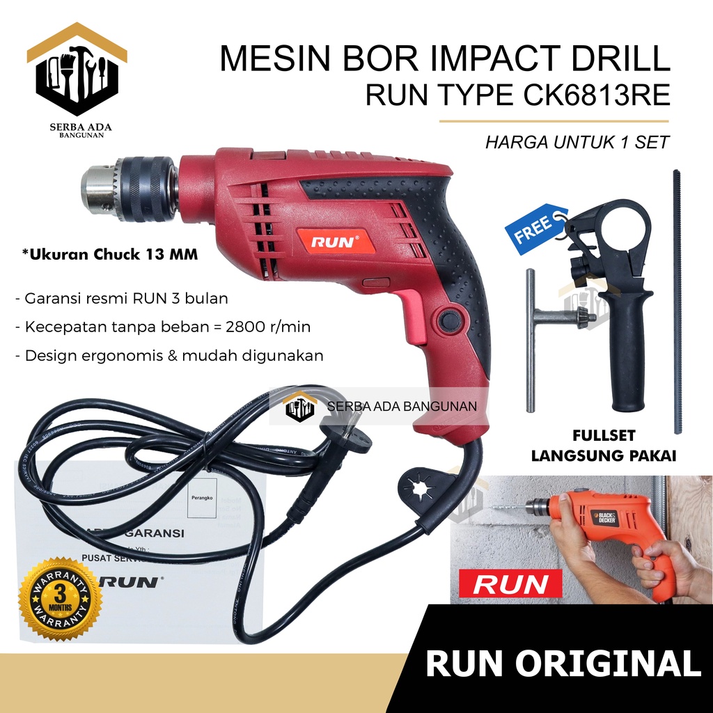 Mesin Bor RUN Impact Drill 10mm 13mm Set Reversible Mesin Bor Tangan Listrik