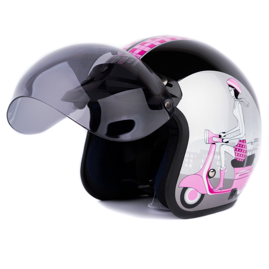 [Helm Dewasa] WTO Helm Retro - Vespa Girl - Hitam Pink