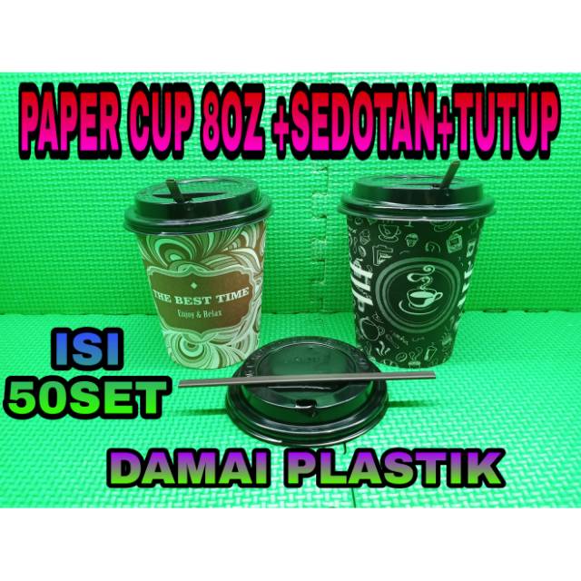 Paper Cup Polos Kopi Complit Gelas Kertas 8oz + Tutup + Sedotan Gelas  Hot Tahan Panas 8 Oz