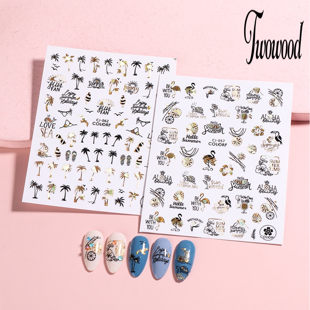 Twowood Stiker Kuku Motif Daun Hijau Untuk Dekorasi Nail Art Stiker Kuku Motif Graffiti 2D Dengan Perekat Untuk Manicure