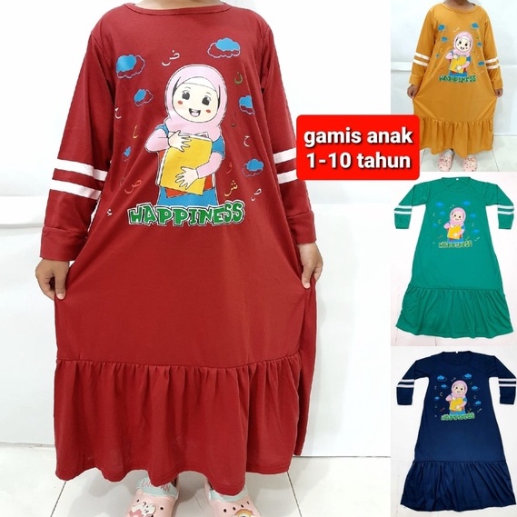 gamis anak muslim perempuan 1-11 tahun kaos lengan panjang cewek salur kerut murah