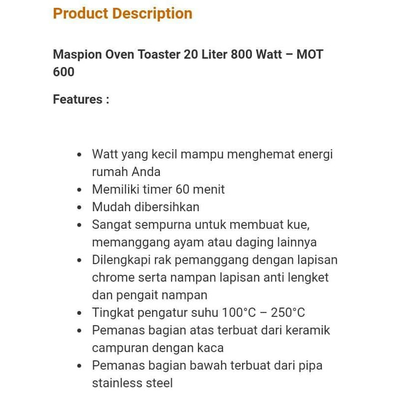 perlengkapan  Oven Listrik Maspion MOT 600 kapasitas 20 Liter  dapur