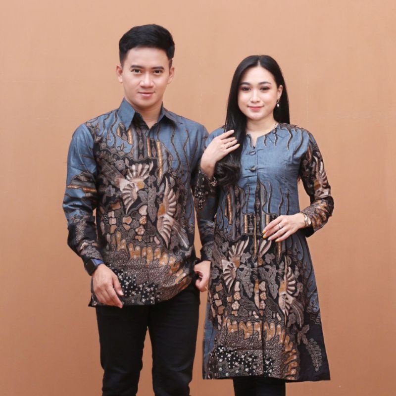 Tunik Batik Couple Modern Baju Batik Wanita Kancing Lengan Panjang Atasan Batik Wanita dan Pria Blouse Batik Kerja Seragam M L XL XXL