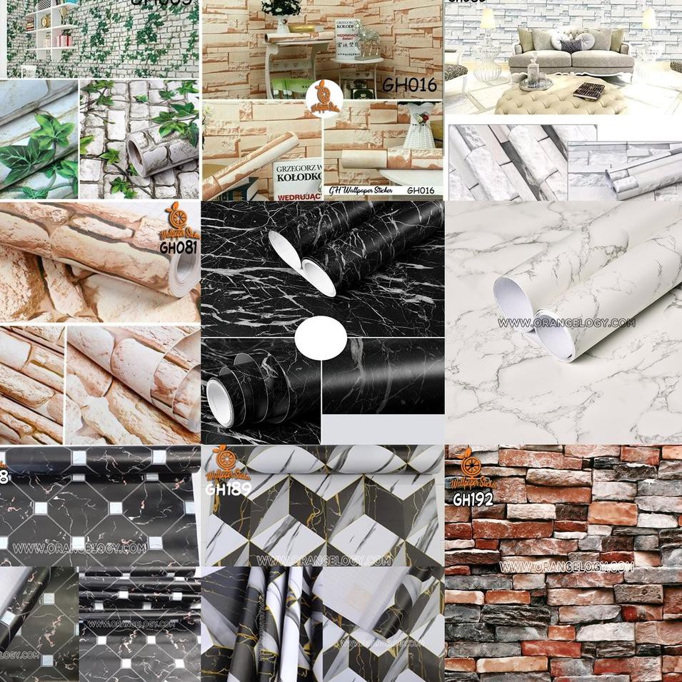 ➭ Wallpaper Dinding Batu Bata Merah Coklat Abu Orange Biru Hijau Motif Dan Karakter Size 45CM x 10M