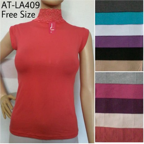 Manset Atasan Lydyly LA409 model Turtleneck tanpa Lengan dengan Renda di Leher