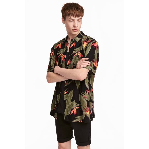 Kemeja H&M Patterned Resort Shirt Motif Daun Bunga HnM Pantai Rayon Original Divided-1