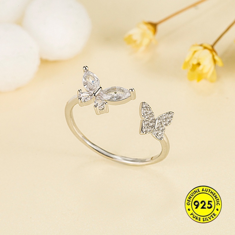 Cincin Model Terbuka Desain Double Butterfly Bahan S925 Silver Aksen Zircon Untuk Wanita