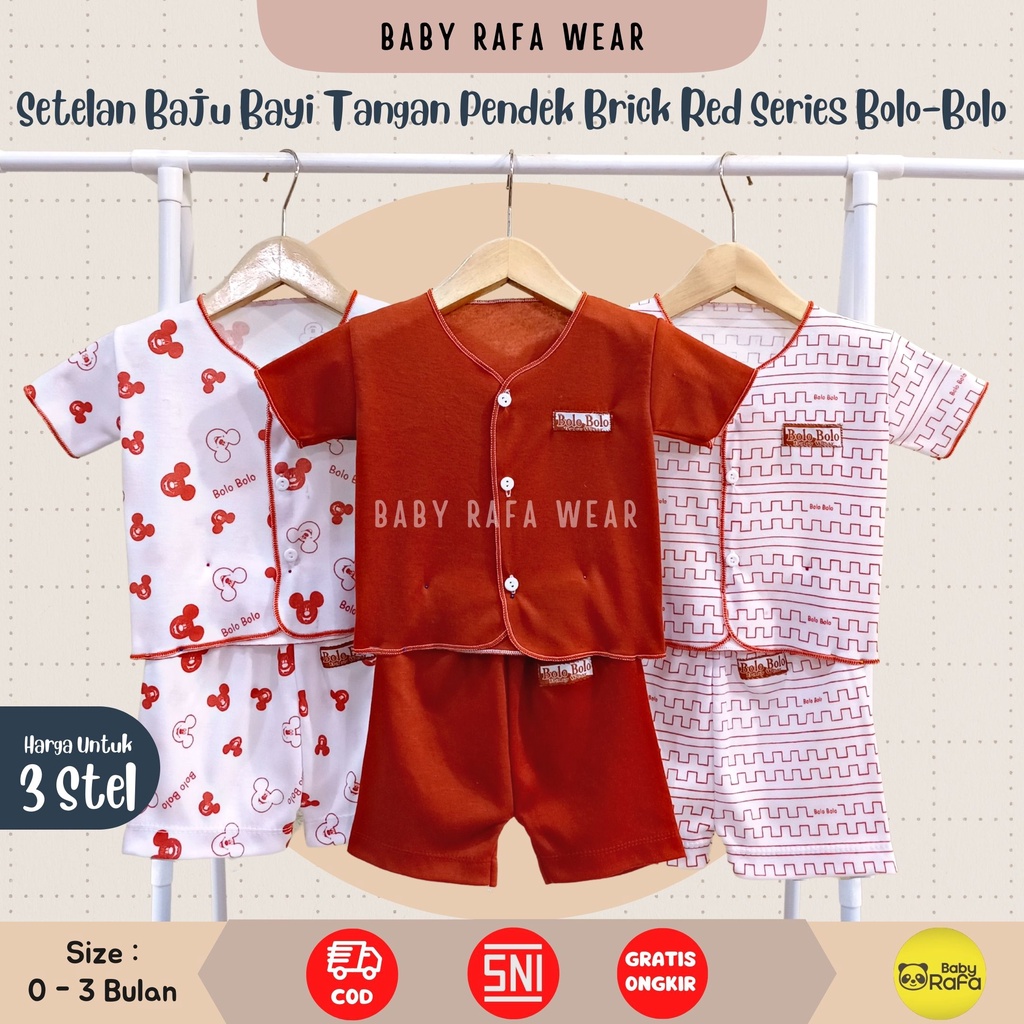 Serian Merah Bata - 3 Stel Setelan Baju Bayi Tangan Pendek Celana Pendek Bayi 0 sd 3 Bulan BRICK RED SERIES merk SNI Bolo - Bolo