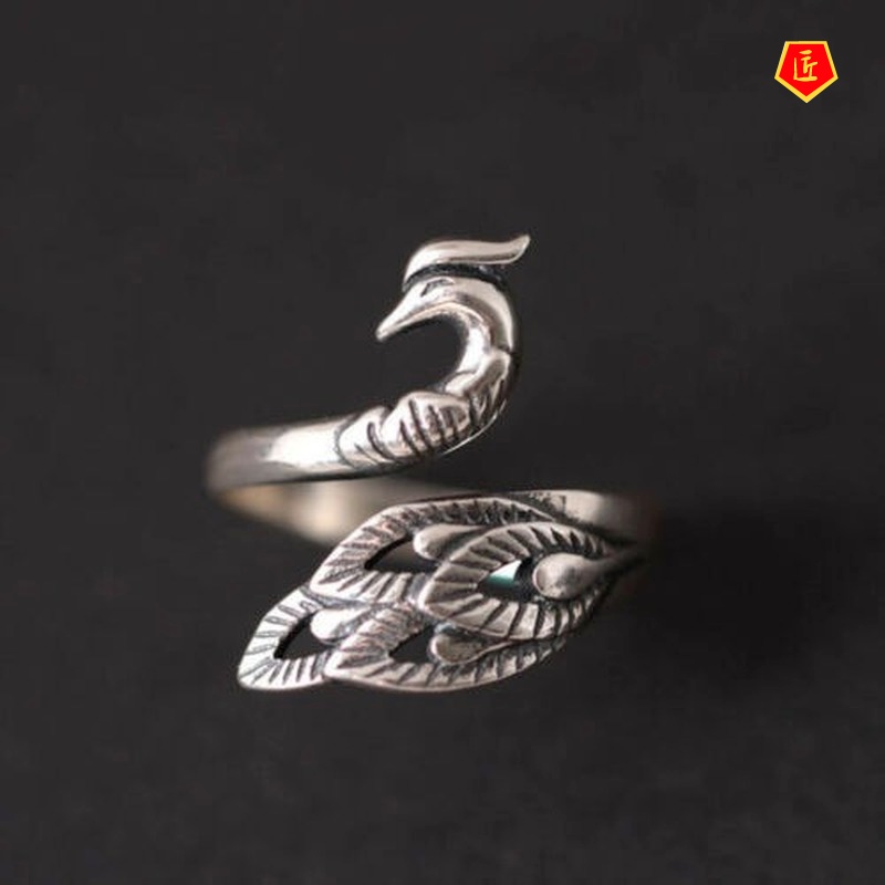 [Ready Stock]Creative Retro Winding Silver Black Peacock Ring