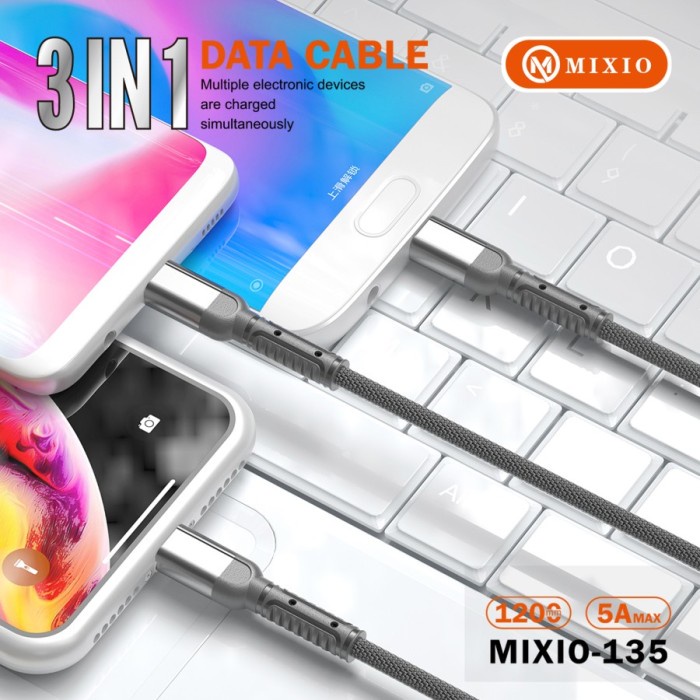 MIXIO-135 KABEL DATA 3IN1 5A 1.2M MICRO+LIGHTNING+TYPE-C Fast Charging