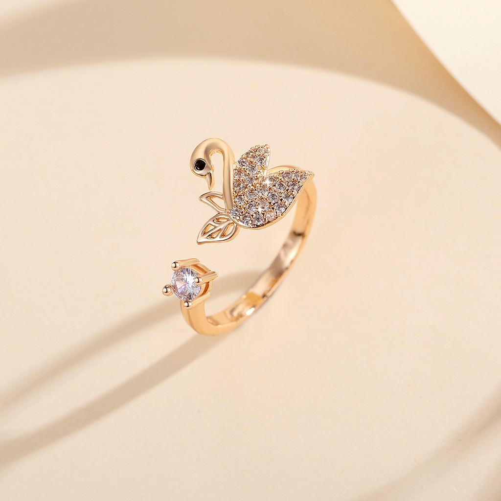 Y696 [COD✔] Cincin Swan Titanium Berlian Kristal Emas Fashion Wanita Perhiasan Rings Adjustable