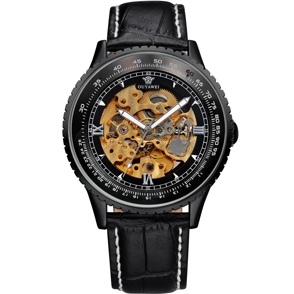 Jam Tangan Mesin Mekanik Otomatis Ouyawei Skeleton Alpha Strap Kulit