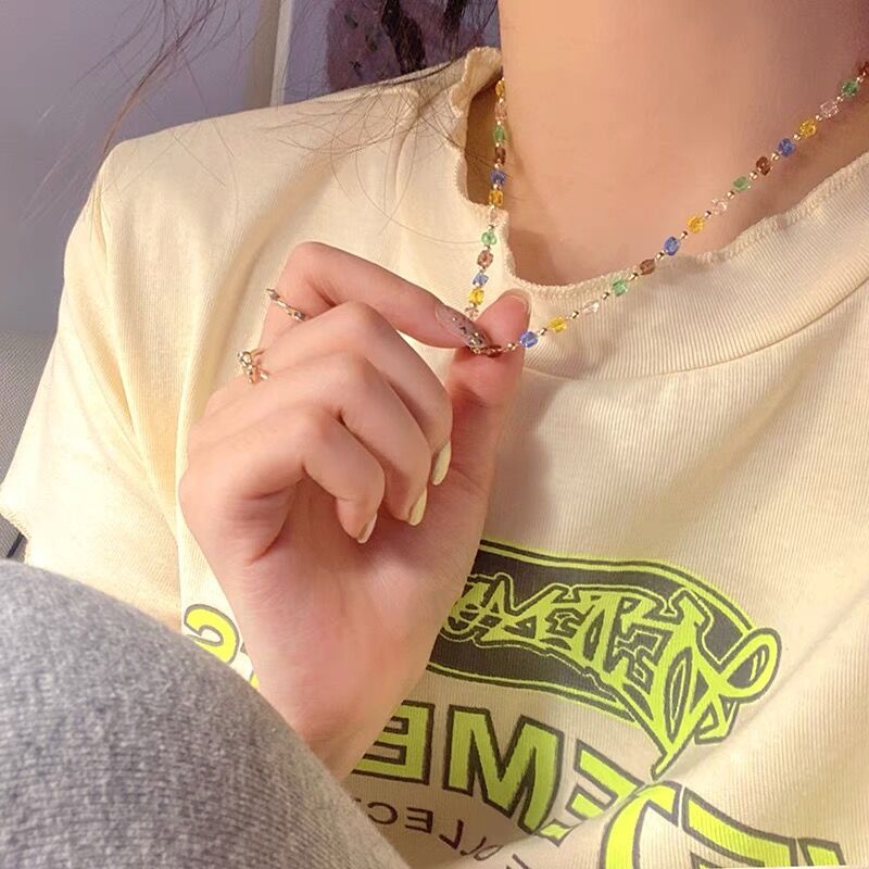 Kalung Gelang Rantai Klavikula Hias Manik-Manik Kristal Warna Permen Gaya Korea Serbaguna
