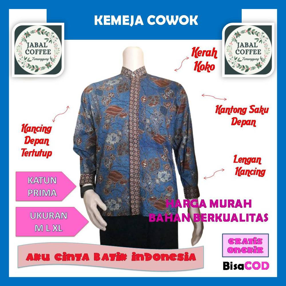 Baju Atasan Batik Katun Prima Pria Dewasa M L XL XXL / Atasan Panjang Pendek Kemeja Hem Batik J22