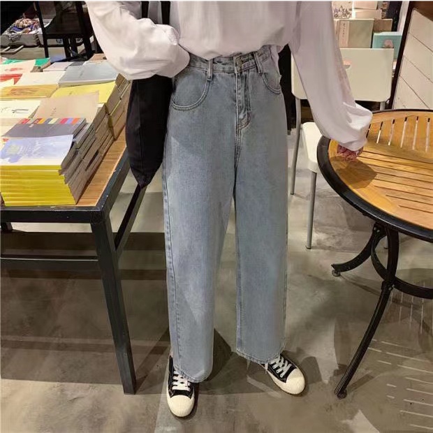 korean style new biru muda straight celana jeans longgar wanita