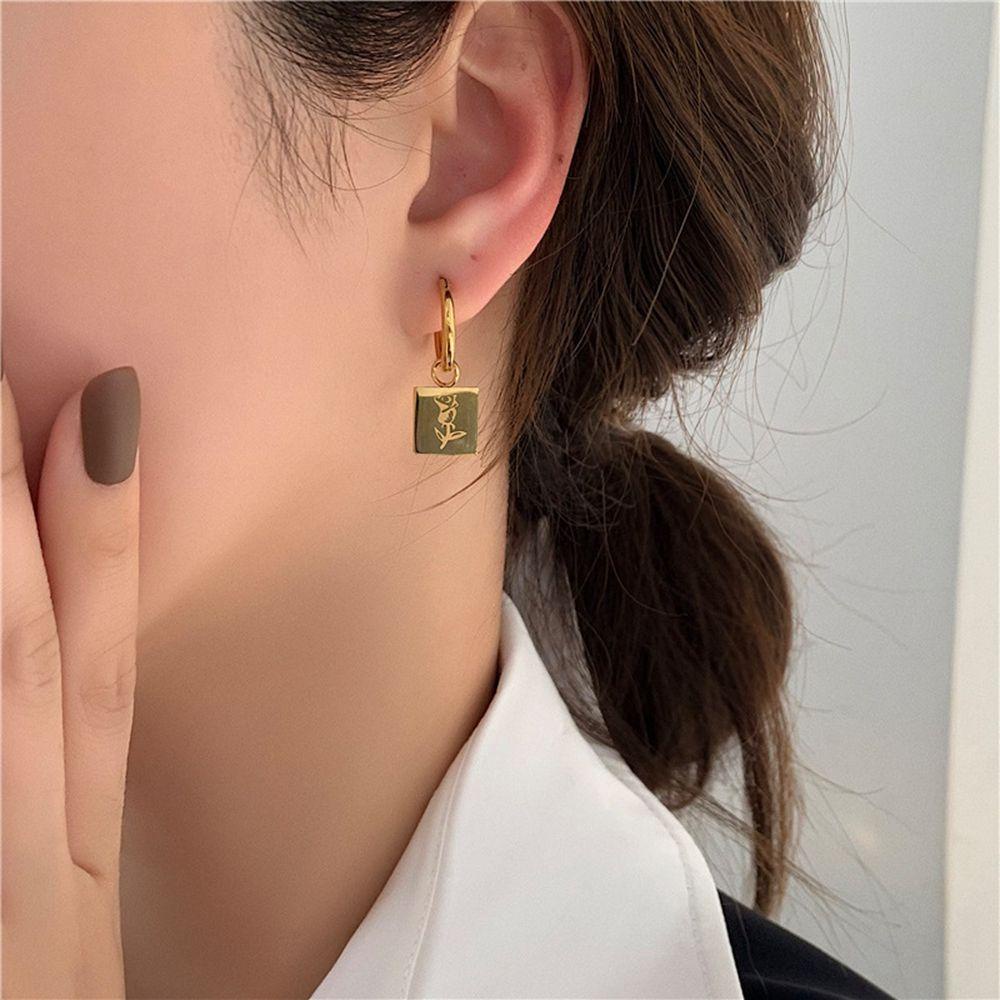 Needway Anting Bunga Gadis Manis Geometri Telinga Gesper Rose Logam Persegi Gaya Korea Earrings