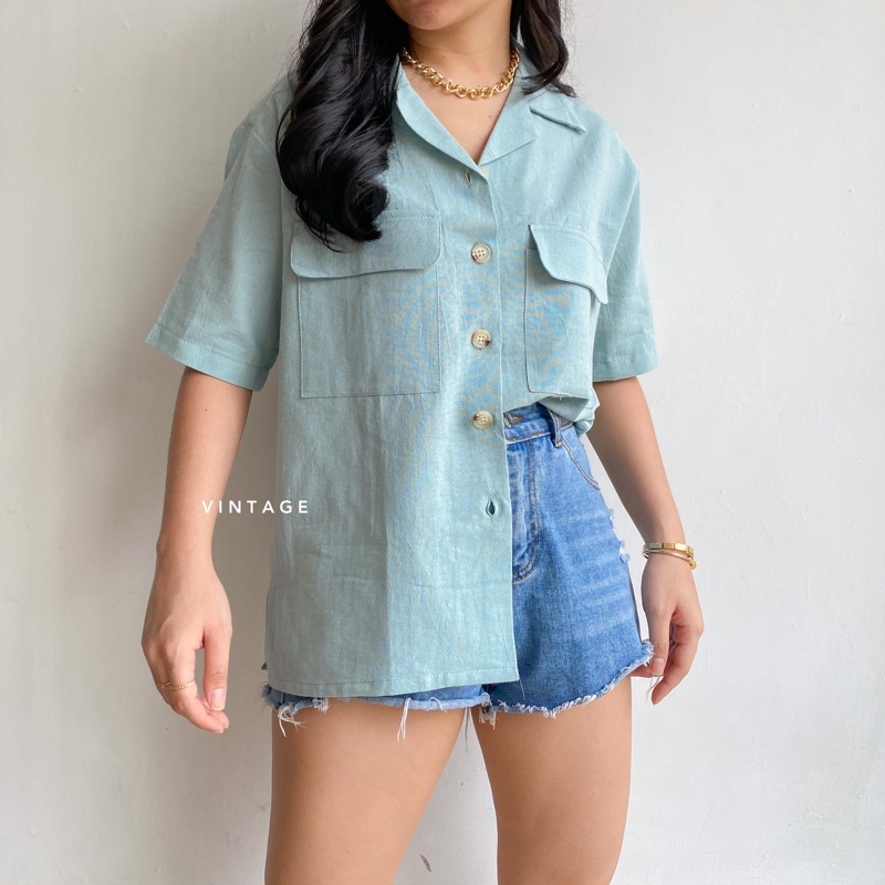 KEMEJA WANITA CASUAL POCKET TOP KEMEJA WANITA POLOS BASIC MURAH-Sky