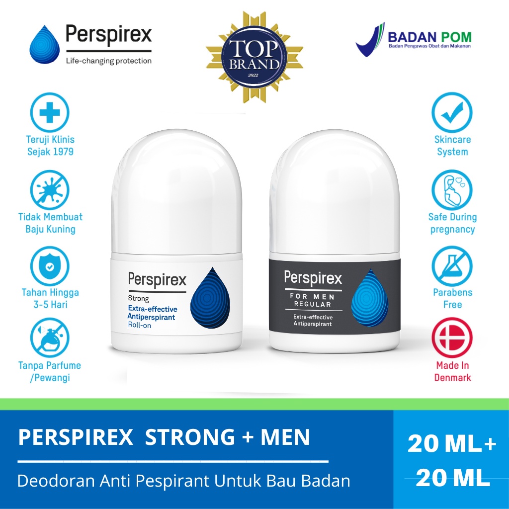 Perspirex Strong AntiPerspirant Roll On - 20ml + Perspirex Men Antiperspirant Roll On - 20ml / Deodorant Perawatan Ketiak Keringat Berlebih Bau Badan