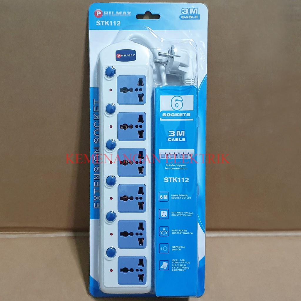 PHILMAX STOP KONTAK 6 LUBANG / COLOKAN KABEL 6 SOCKET + SWITCH / SAKLAR KABEL 3M STOPKONTAK 3 METER / COLOKAN LAMPU MASING MASING SWITCH 6 LOBANG 3METER