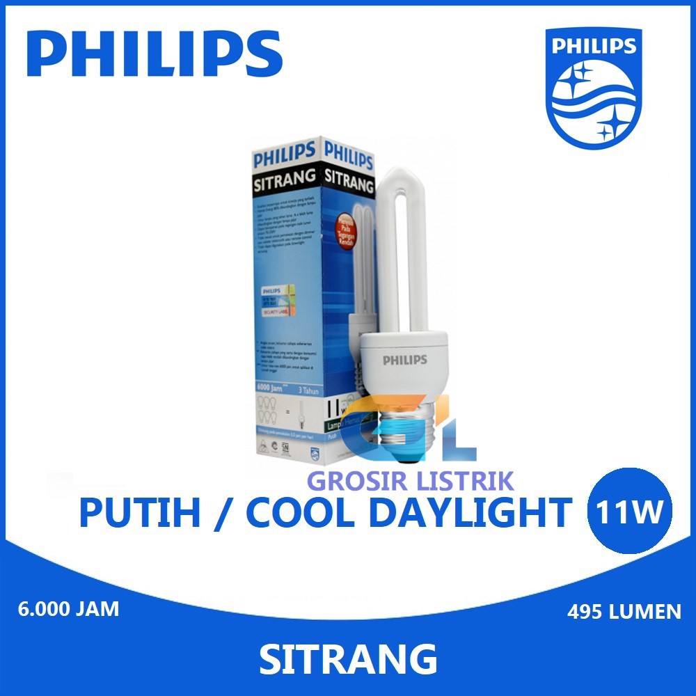 Lampu Philips Sitrang 11W Putih Cool Daylight 6500K Jari 11 Watt W 11Watt Original Grosir