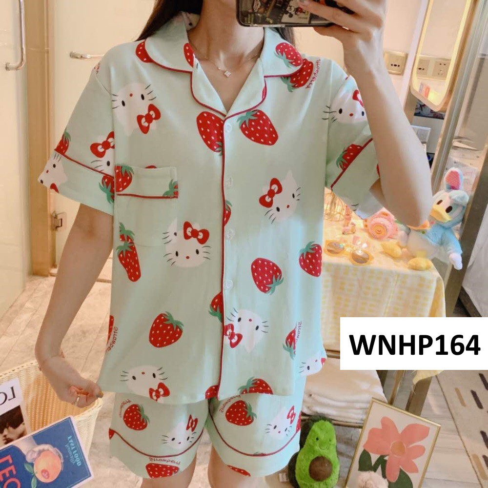 Baju Tidur Wanita Kancing Depan Kitty Strawberry Red Green - WNHP164