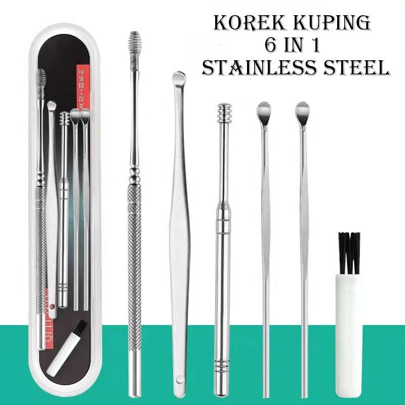 Satu set isi 6 pcs Stainless Stel Alat Pembersih Telinga