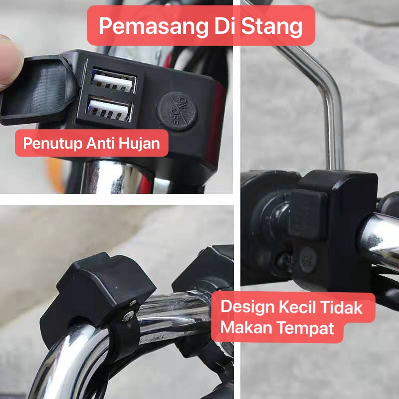 MLD-003 Charger Sepeda Motor 3 Ampere Anti Air Hujan WaterProof Casan Motorbike Tombol On Off + 2