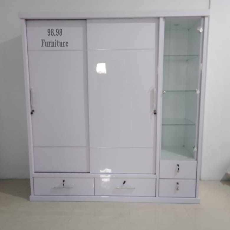 Lemari Pakaian 3 Pintu Sliding Pintu Kaca Cermin - Lemari Pakaian Pintu Sorong - Lemari Pakaian Rak 