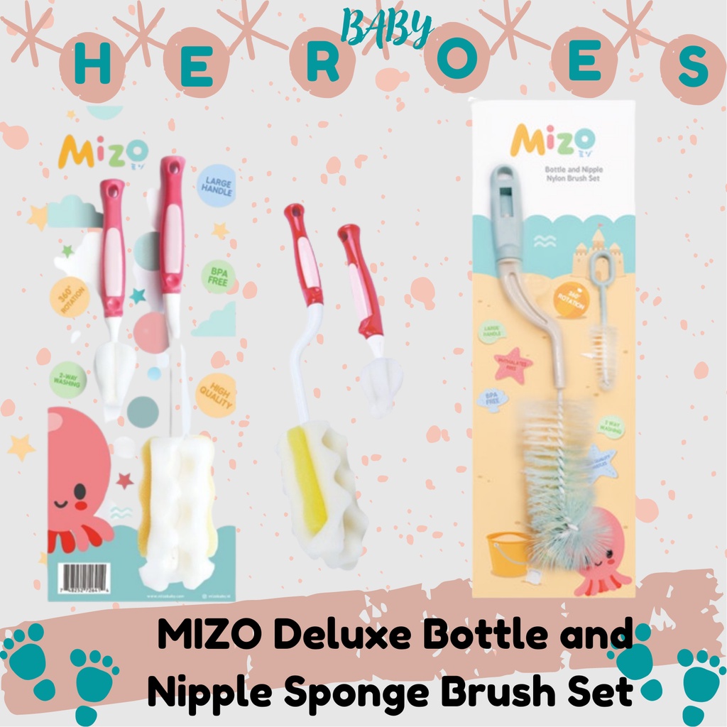 MIZO Deluxe Bottle and Nipple Sponge Brush Set / Sikat botol bayi 2in1