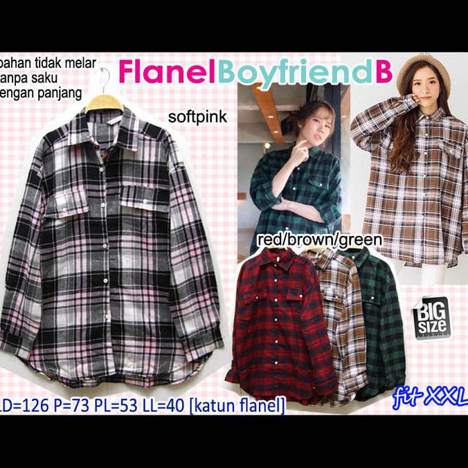 DISKON BAJU ATASAN KEMEJA WANITA FLANEL BOYFRIEND B XXL LENGAN PANJANG HIJAB PROMO