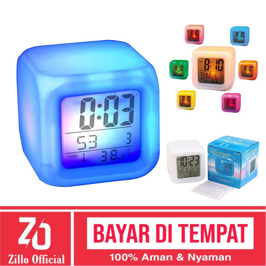 ZILLO Jam Alarm Digital Lampu RGB Jam Weker 7 Warna Warni Jam Hias Pengukur Suhu Bentuk Kotak Kubus