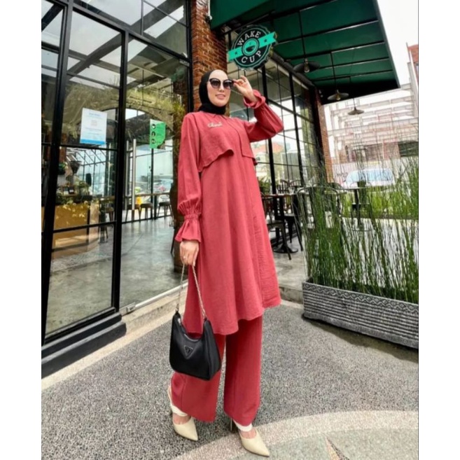 DHELLA SET STELAN TUNIK WANITA TERBARU SUPER PREMIUM CRINKLE CEY