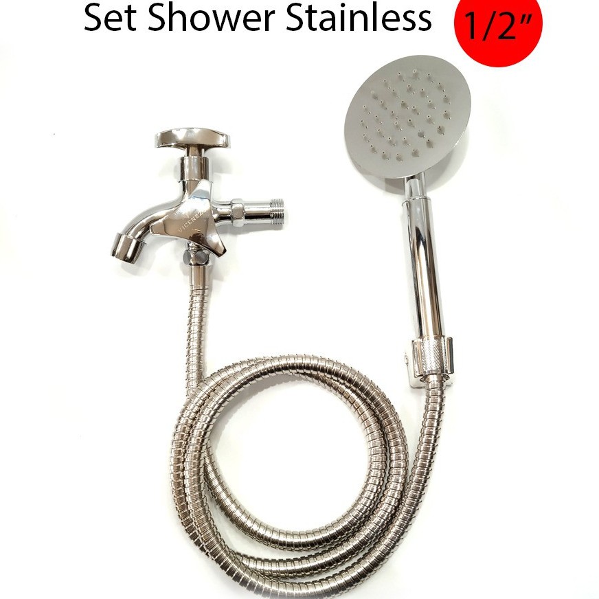 Shower Mandi Bulat Satu Set Full Stainless Ukuran Drat kran 1/2 Inch Handle Segi Tiga