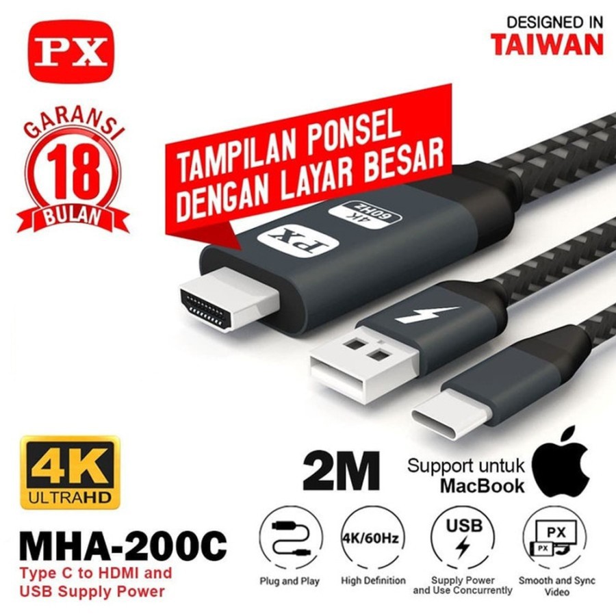 Mhl Type-c to hdmi usb adapter 2m cable PX Uhd 4k for phone-macbook-matebook MHA-200c - Hp to tv