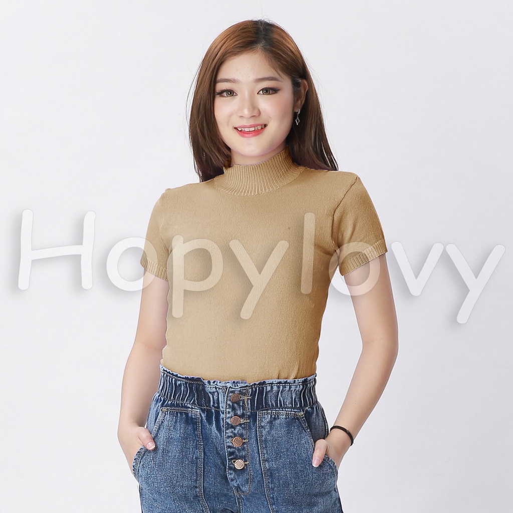 HOPYLOVY - Atasan Rajut Wanita Turtleneck / Kerah Tinggi Lengan Pendek Nadira-Mocca