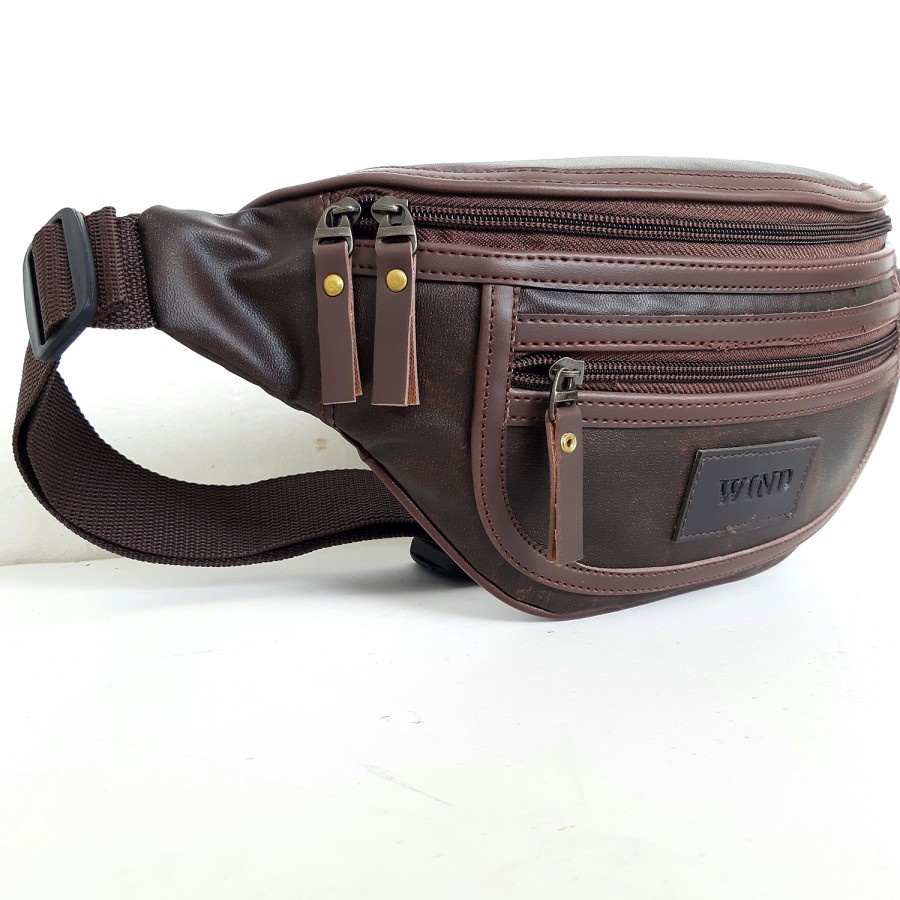 Tas Selempang Pria Kulit Asli Waistbag Cowok keren WIND Pinggang Laki Cokelat Terbaru 2022