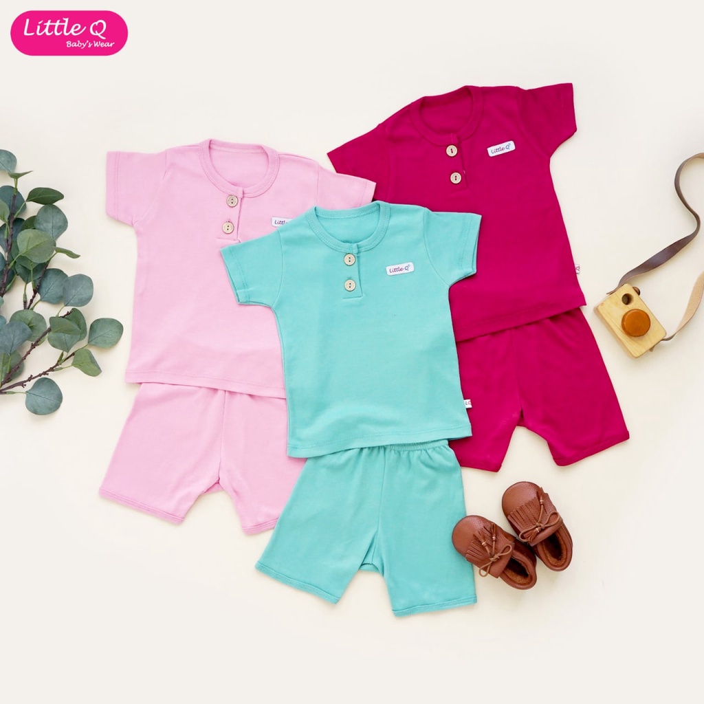 [Size SML] Little Q Polos Plain Set Mix Setelan Pendek Kancing Dada Celana Pendek 3/4 Isi 3 Pcs