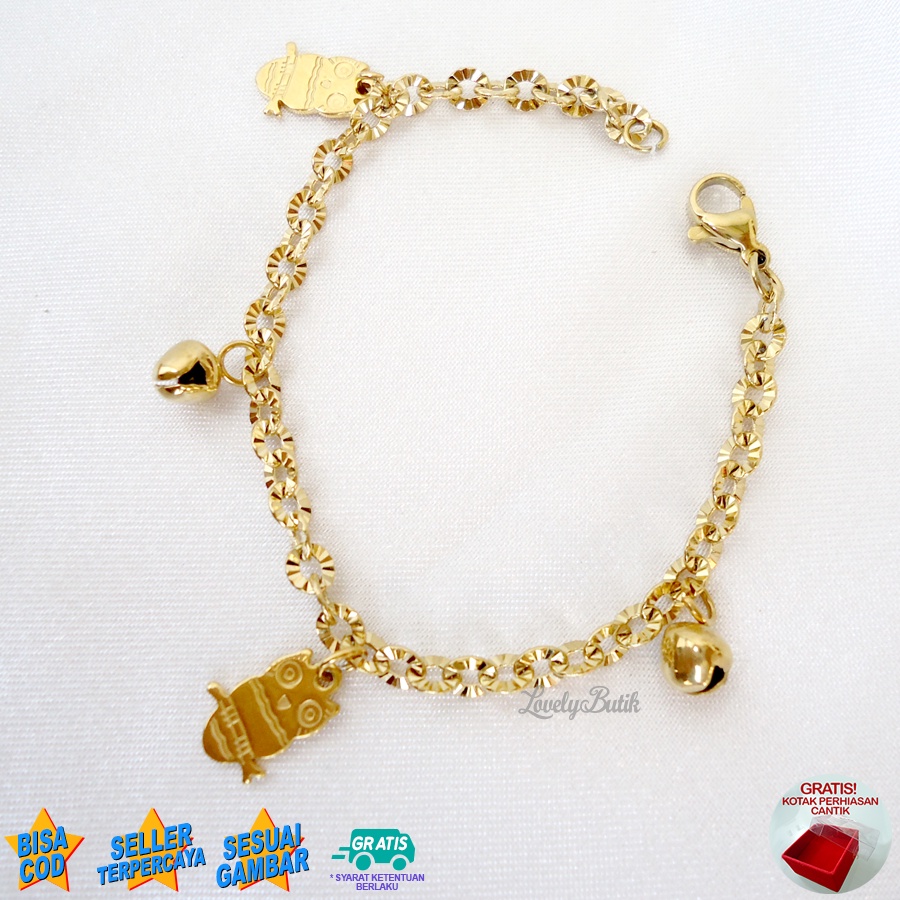 Lovelybutik Gelang Anak Perempuan Titanium Asli Anti Karat Gelang Tangan Anak Burhan Kecil Krincingan Rantai Nori Donat Ukuran 15 Cm BONUS TEMPAT PERHIASAN