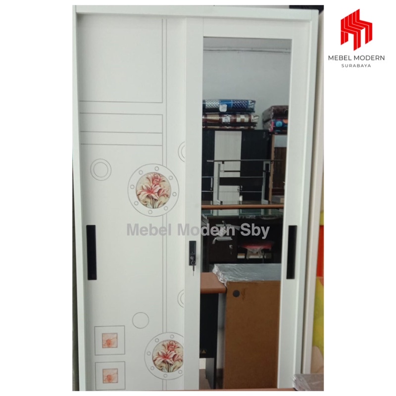 Lemari besi sliding minimalis 2 pintu putih