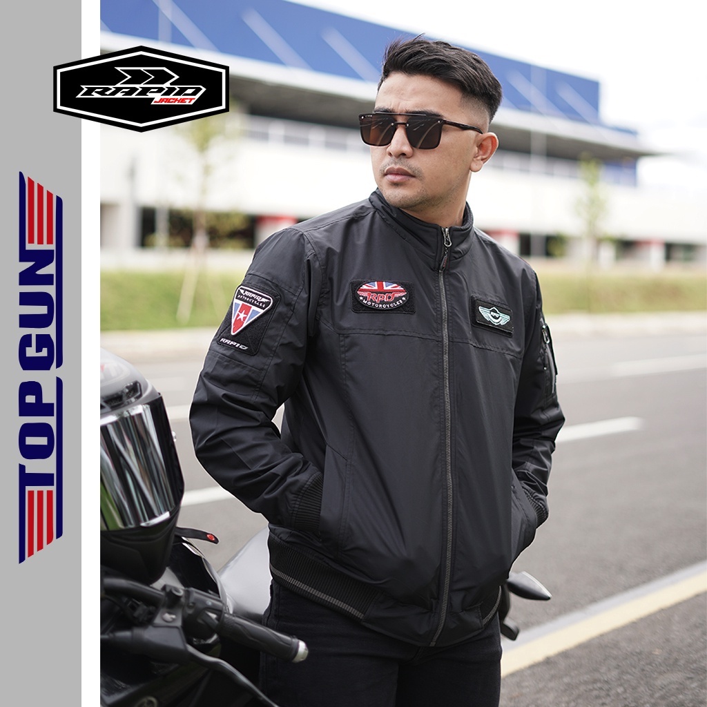 Jaket BOMBER pria original RAPID TOPGUN terbaru unik dengan badge bordir yang bisa dilepas pasang jacket motor bomber keren