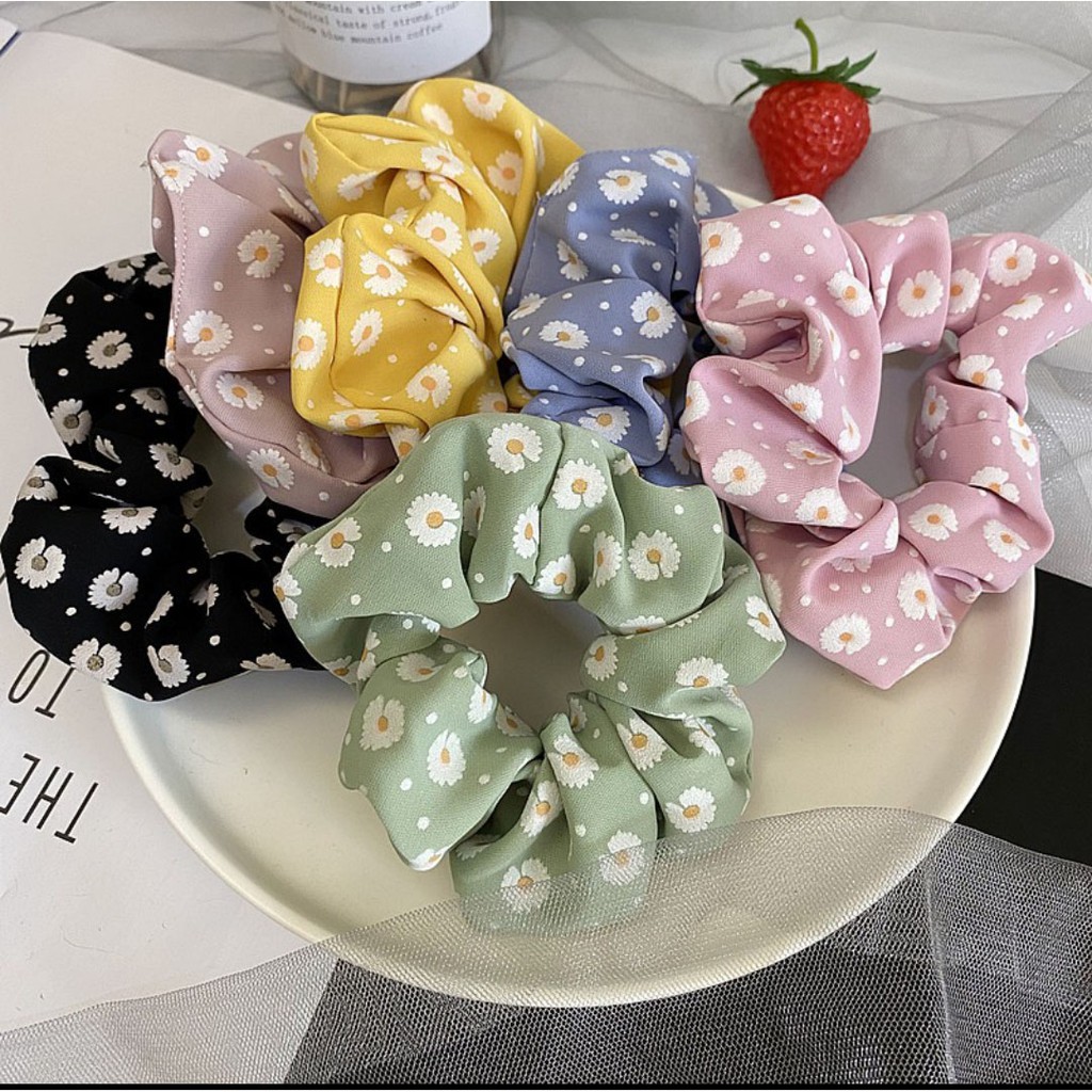 ikat rambut scrunchie kerut motif daisy kecil korean style