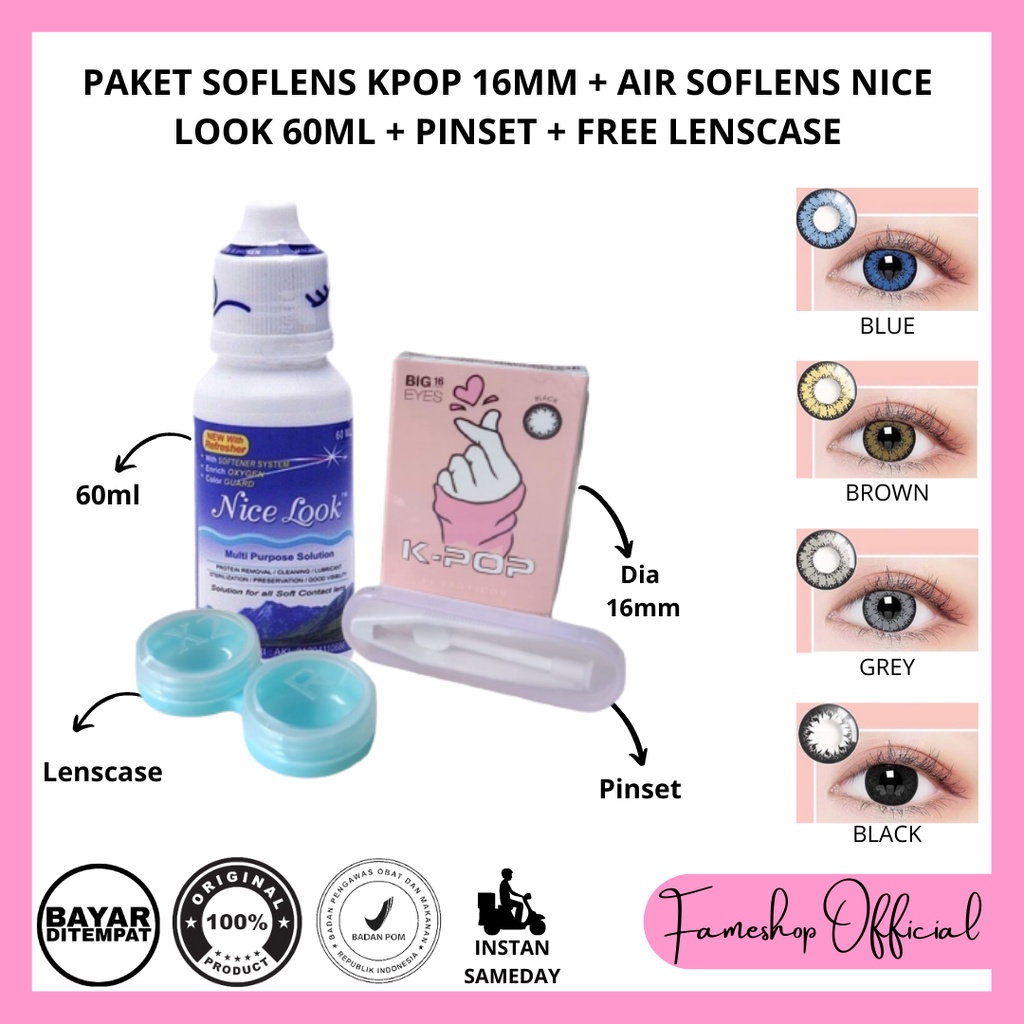 PAKET SOFTLENS KPOP DIA 16MM + CAIRAN NICE LOOK 60ML + PINSET + LENSCASE / COD INSTAN SAMEDAY / LENSA KONTAK / PAKET MURAH