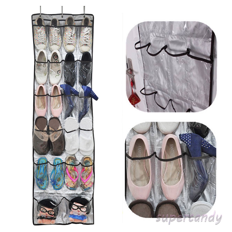 Fabric 22 Pocket 6 Layers With 3 Hooks Clear Over Door Hanging Storage Shoes Clothes Bags Organizer Rack Shopee Indonesia